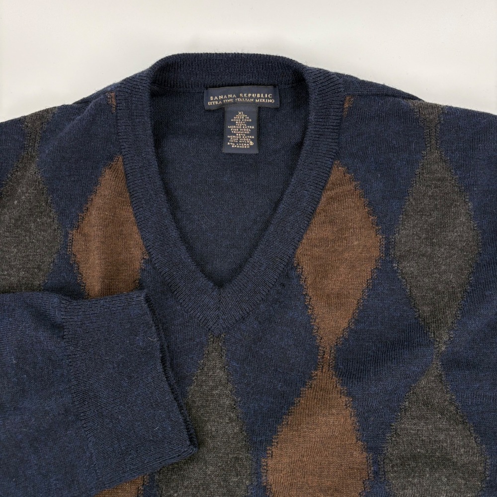 Banana Republic Mens XL Extra Fine Ital. Merino Wool‎ Argyle V-Neck Sweater Navy